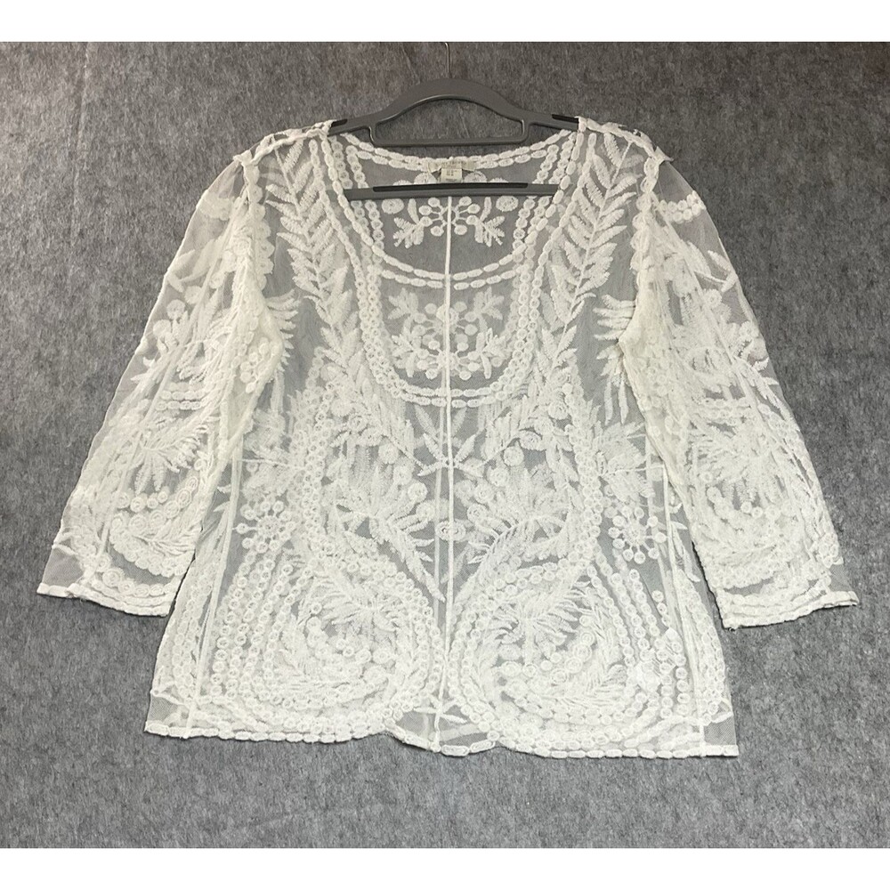 Saint Tropez West Shirt Womens Medium White Embroidered Sheer Top Beach Resort